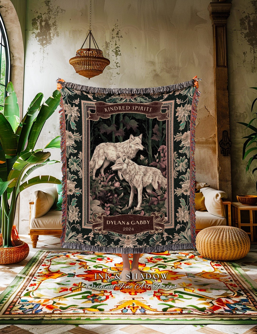 Playful Wolves Custom Couple Woven Tapestry Woodland Gothic Wolf Lover