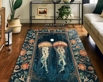 Deep Sea Wonders Jellyfish Rug | Floral Botanical Ocean Lover Rug Deep Blue Ethereal Coastal Decor Enchanted Nursery Theme Magical Creatures