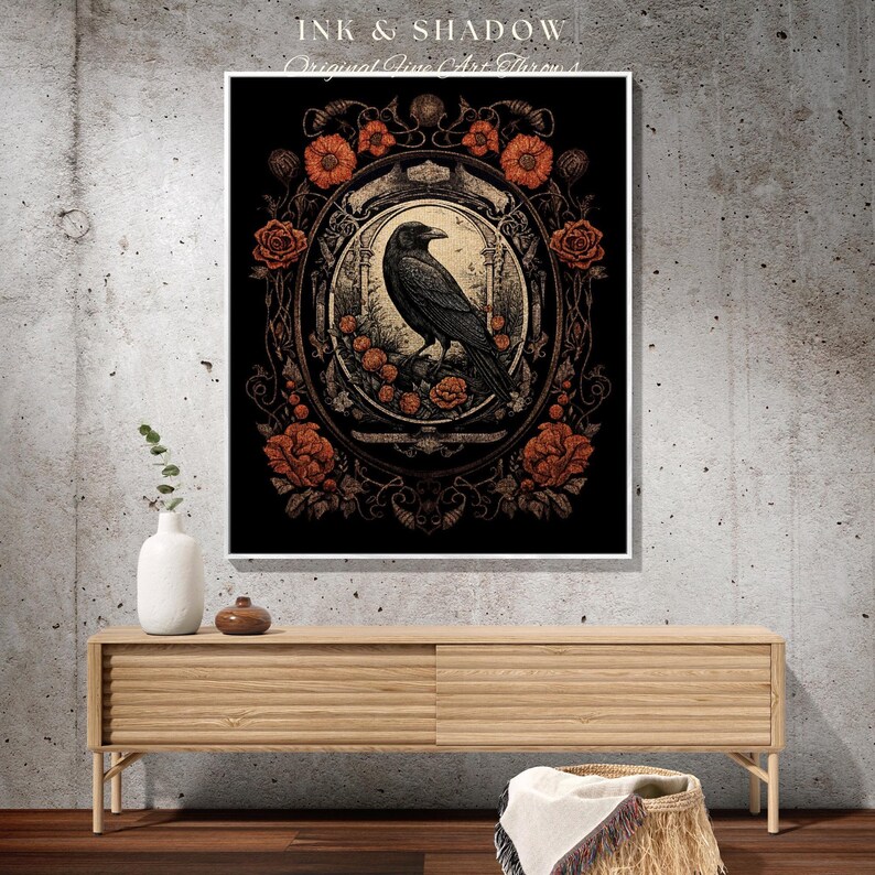 Goth Aesthetic Blanket Woven Wall Hanging | Gothic Home Decor Dark Academia Tapestry Dark Cottagecore | Vintage Occult Tapestry Crow Decor image 7