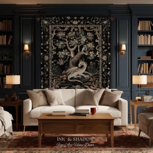 May include: A large rectangular wall tapestry featuring a central white dragon illustration surrounded by detailed trees and floral patterns on a black background. The text Ink & Shadow Fine Art Home Decor is printed at the bottom of the image.