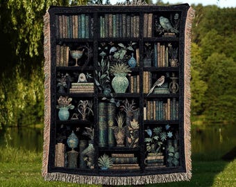Dark Academia Bookshelf Blanket | Throw Blanket Goth Home Decor Dark Academia Book Lovers Gift  Witchy Room Decor Vintage Book Lover Blanket