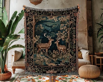 Mystical Deer Tapestry Blanket | Cottagecore Room Decor William Morris Inspired Forest Aesthetic Fairycore Boho Bedroom Woven Throw Ethereal