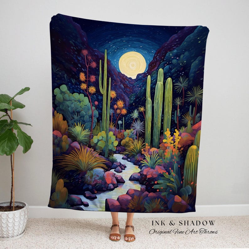 Moonlit Landscape Desert Throw Blanket Woven Tapestry Night Sky Cactus Blanket Desert Night Mystical Blanket Southwestern Boho Blanket Bild 10