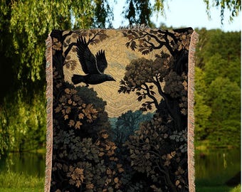 Crowcore Whimsigoth Tapestry Goth Blanket Woven Throw Blanket | Crow Decor Witchy Decor Bedroom Landscape Tapestry Dark Cottagecore Decor