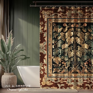Rustic Renaissance Aesthetic Monstera Jungle Shower Curtain | Dark Cottagecore Whimsy Woodland Bathroom Emerald Green Romantic Maximalist |