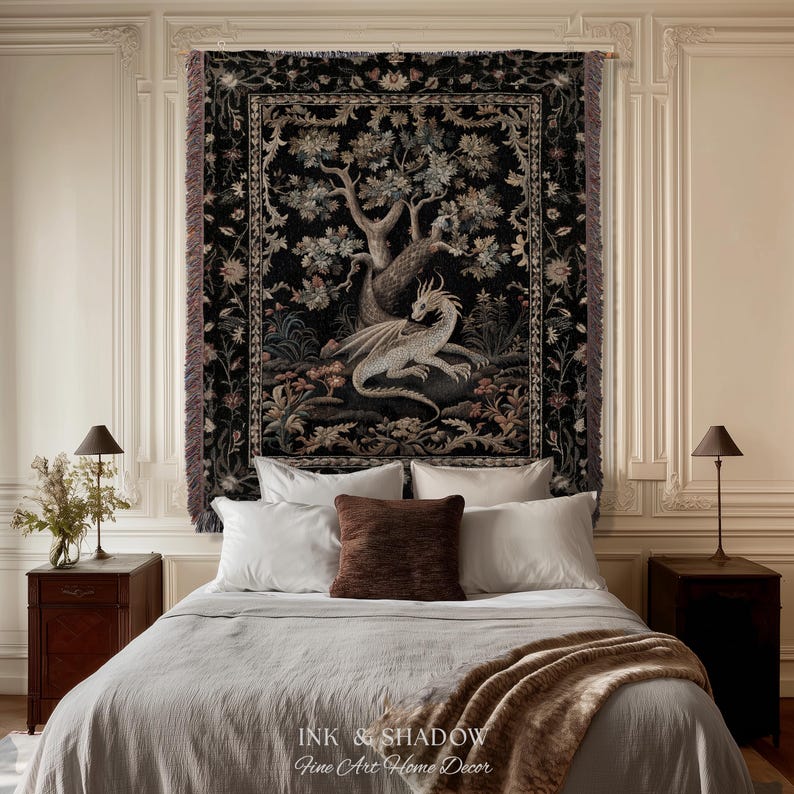 Medieval Aesthetic Dragon Blanket | Fairytale Inspired Nursery Decor Morris Style Cottagecore Fairycore Woven Throw Tapestry Botanical | image 6