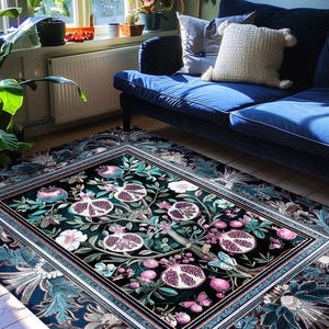 Enchanted Floral Pomegranate Rug Whimsigothic Botanical Witch Cottagecore Decor, Witchy Dark Academia Indigo Blue Forestcore Art Nouveau Rug imagem 4