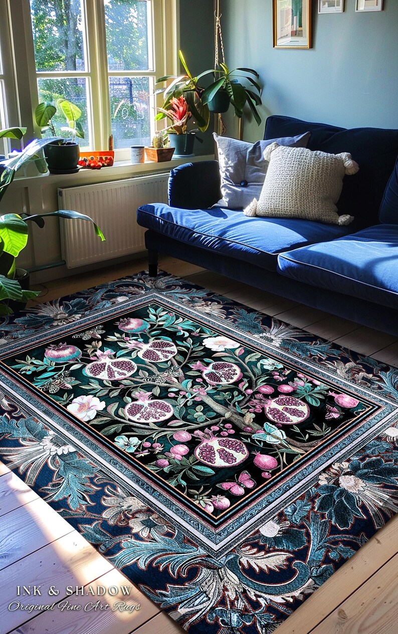 Enchanted Floral Pomegranate Rug Whimsigothic Botanical Witch Cottagecore Decor, Witchy Dark Academia Indigo Blue Forestcore Art Nouveau Rug imagem 4