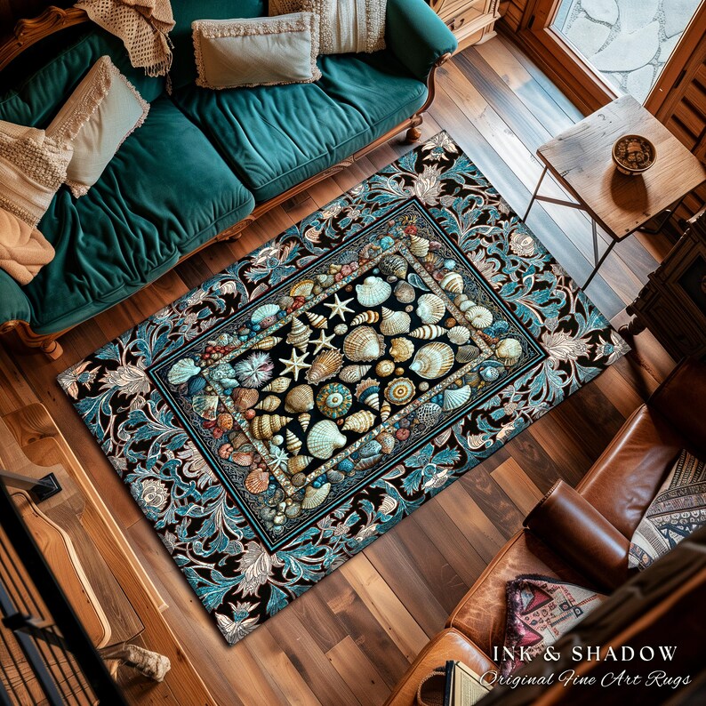 Beachy Throw Rug Ocean Theme Coastal Area Rug | Beachy Cottage Nautical Theme Seashell ...