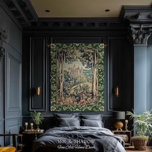 May include: A rectangular wall tapestry featuring a detailed woven scene of a castle nestled in a forest, framed by a dark green border with floral patterns. The text INK & SHADOW Fine Art Home Decor is printed in white at the bottom center.