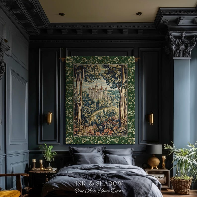 May include: A rectangular wall tapestry featuring a detailed woven scene of a castle nestled in a forest, framed by a dark green border with floral patterns. The text INK & SHADOW Fine Art Home Decor is printed in white at the bottom center.