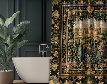 Dark Academia Victorian Royal Shower Curtain | Fantasy Bathroom Decor Woodland Princess Medieval Rustic Floral Landscape Coquette Maximalist