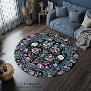 Enchanted Floral Pomegranate Rug Whimsigothic Botanical Witch Cottagecore Decor, Witchy Dark Academia Indigo Blue Forestcore Art Nouveau Rug imagem 12