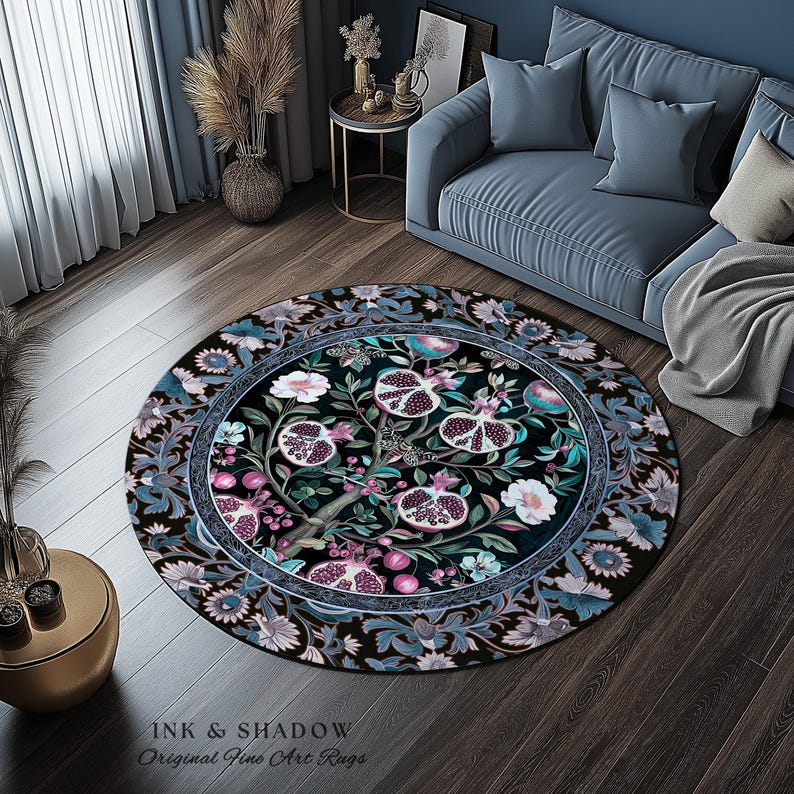 Enchanted Floral Pomegranate Rug Whimsigothic Botanical Witch Cottagecore Decor, Witchy Dark Academia Indigo Blue Forestcore Art Nouveau Rug imagem 12