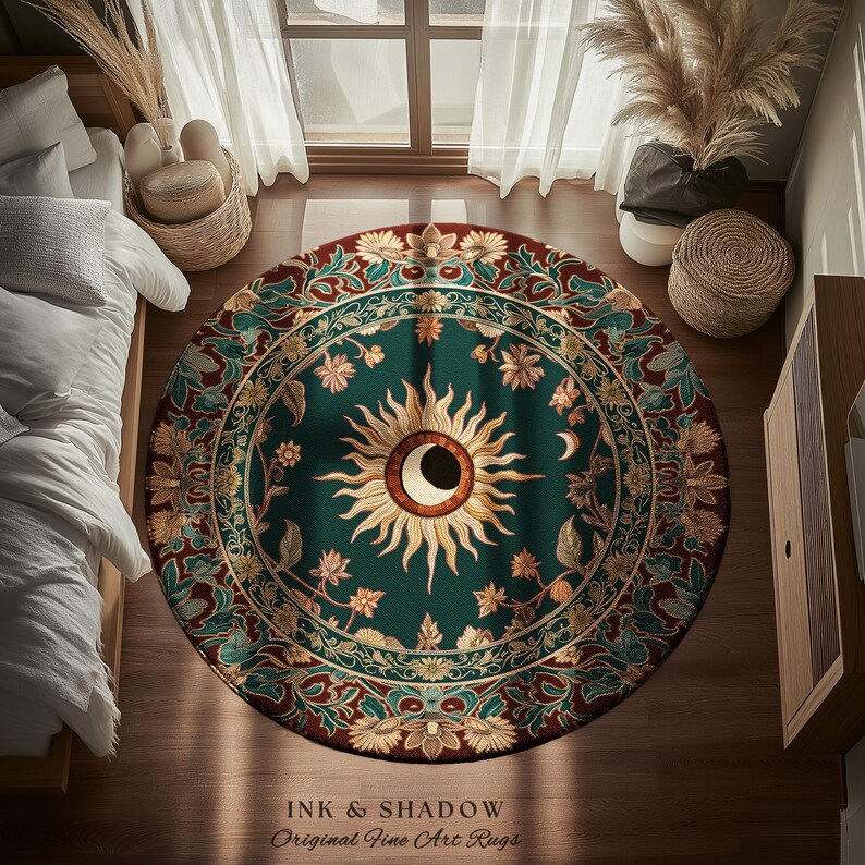 Moon and Sun Ethereal Bohemian Rug | Celestial Tarot Aesthetic Zodiac Inspired Floral Maximalist Bedroom Ethereal Astrology Witchy Area Rug image 5