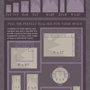 The image is a detailed guide to custom fine art decorative rugs, providing various rug sizes and styles for different living spaces, such as indoor and outdoor areas.
