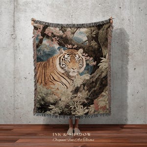 Vintage Tiger Blanket Woven Tapestry | Gothic Renaissance Blanket Woven Blanket Jungle Cat | Whimsigoth Room Decor Jungle Aesthetic Blanket image 7