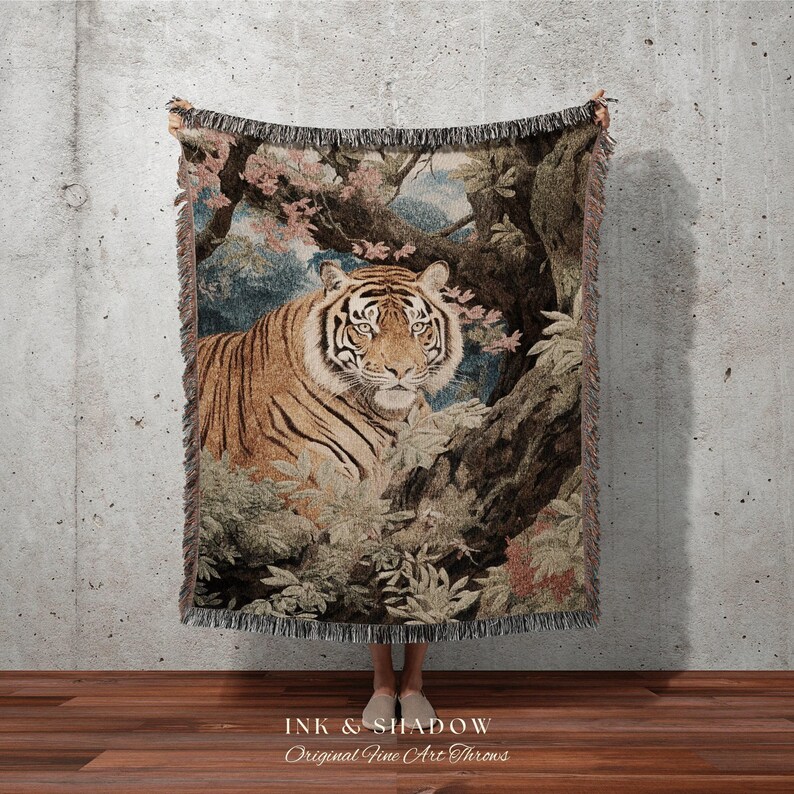 Vintage Tiger Blanket Woven Tapestry | Gothic Renaissance Blanket Woven Blanket Jungle Cat | Whimsigoth Room Decor Jungle Aesthetic Blanket image 7