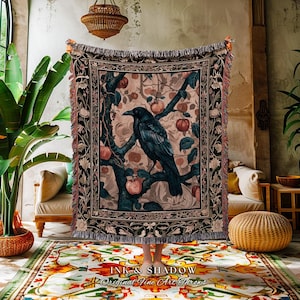 Victorian Raven Enchanted Forest Blanket Whimsical Woodland Gothic Apple Tree Tapestry | Dark Cottgecore Cottage Goth Crowcore Fairy Grunge image 1
