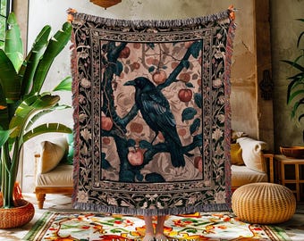 Victorian Raven Enchanted Forest Blanket Whimsical Woodland Gothic Apple Tree Tapestry | Dark Cottgecore Cottage Goth Crowcore Fairy Grunge