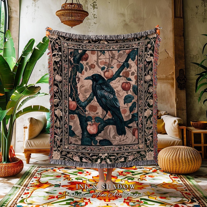 Victorian Raven Enchanted Forest Blanket Whimsical Woodland Gothic Apple Tree Tapestry | Dark Cottgecore Cottage Goth Crowcore Fairy Grunge image 1