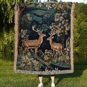Folk Art Blanket Woodland | Folk Art Blanket Woven Tapestry William Morris Throw Dark Cottagecore Gothic Aesthetic Bedding Light Academia | image 1
