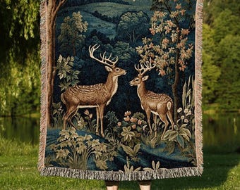 Folk Art Blanket Woodland | Folk Art Blanket Woven Tapestry William Morris Throw Dark Cottagecore Gothic Aesthetic Bedding Light Academia |