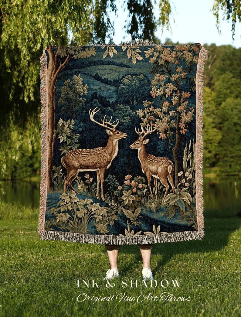 Folk Art Blanket Woodland | Folk Art Blanket Woven Tapestry William Morris Throw Dark Cottagecore Gothic Aesthetic Bedding Light Academia | image 1