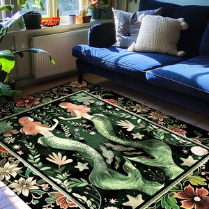 Enchanted Ocean Mermaid Floral Sea Life Rug | Vintage Emerald Green Whimsical Coastal Cottagecore Art Nouveau Underwater Fantasy Ocean Decor 画像 5