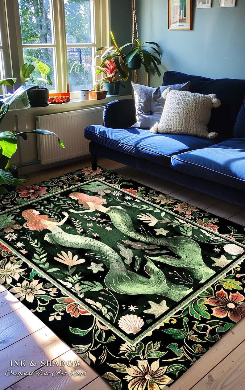 Enchanted Ocean Mermaid Floral Sea Life Rug | Vintage Emerald Green Whimsical Coastal Cottagecore Art Nouveau Underwater Fantasy Ocean Decor 画像 5