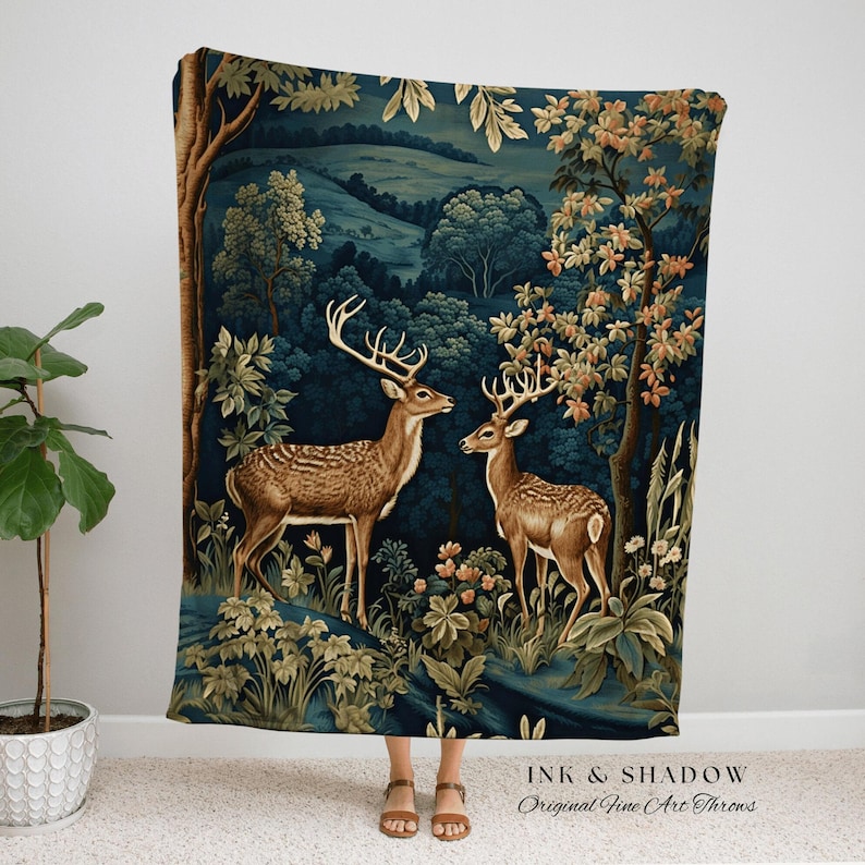 Folk Art Blanket Woodland | Folk Art Blanket Woven Tapestry William Morris Throw Dark Cottagecore Gothic Aesthetic Bedding Light Academia | image 10