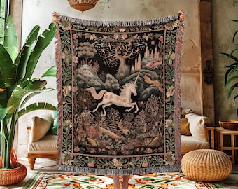 Fairytale Unicorn Tapestry Blanket | Folklore Aesthetic Room Decor Morris Inspired Cottagecore Cozy Fairycore Woven Throw Mystical Bedroom