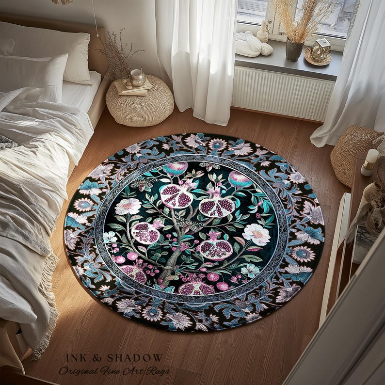 Enchanted Floral Pomegranate Rug Whimsigothic Botanical Witch Cottagecore Decor, Witchy Dark Academia Indigo Blue Forestcore Art Nouveau Rug imagem 13