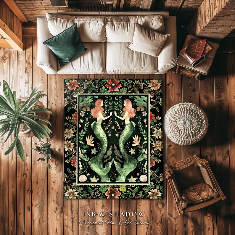 Enchanted Ocean Mermaid Floral Sea Life Rug | Vintage Emerald Green Whimsical Coastal Cottagecore Art Nouveau Underwater Fantasy Ocean Decor 画像 8
