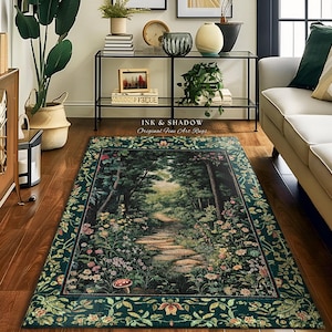 Woodland Forest Cottagecore Rug | Fairycore Aesthetic Magical Woodland Bedroom Emerald Green Home Decor Whimsigothic Floor Mat Indie Room |
