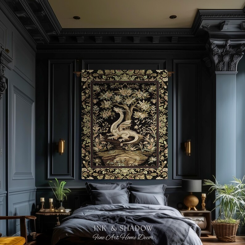 Woodland Gothic White Dragon Blanket Enchanted Forest Tapestry Throw | Mystical Dark Academia Whimsical Fantasy Forestcore Art Deco Decor image 17