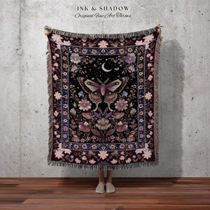 Purple Moth Celestial Blanket Boho Fairycore Dark Floral Decor | Enchanted Goth Cottagecore Butterfly Lovers Moth Moon Tapestry Whimsical image 7