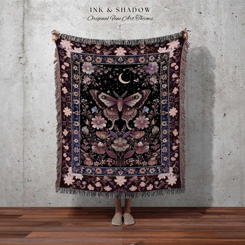 Purple Moth Celestial Blanket Boho Fairycore Dark Floral Decor | Enchanted Goth Cottagecore Butterfly Lovers Moth Moon Tapestry Whimsical image 7