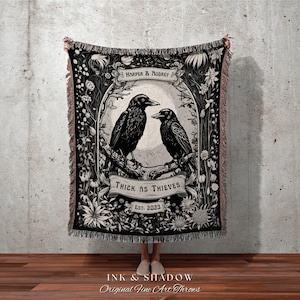 Raven Couple Custom Woven Blanket | Custom Goth Couple Gift &#39;Partners in Crime&#39; Tapestry Personalized Name Blanket Anniversary Gift Gothic |