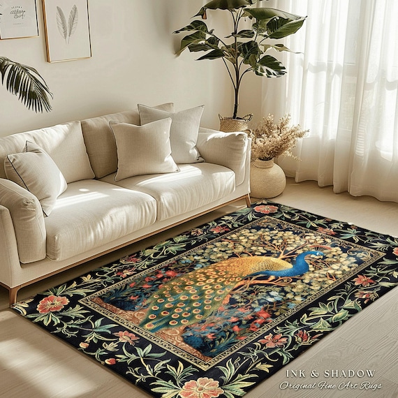 Royal Peacock Accent Rug | Floral Ornate Room Decor William Morris