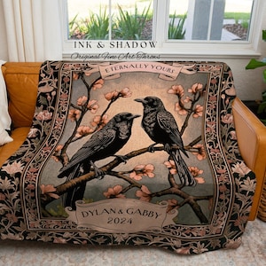 Floral Raven Couple Personalized Blanket | Crow Core Couple Dark Academia Aesthetic Woven Throw Custom Name Gift Tapestry Whimsical Decor |