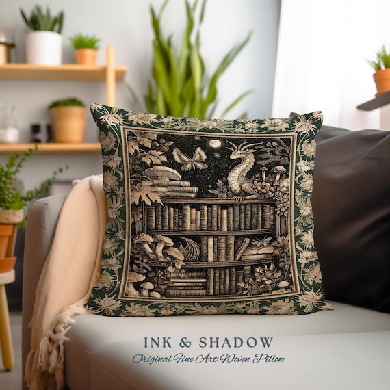 Enchanted Library Dragon Tapestry Pillow Mystical Dark Academia Bookshelf Fantasy Cushion | Vintage Gothic Cottagecore Bookish Reading Nook