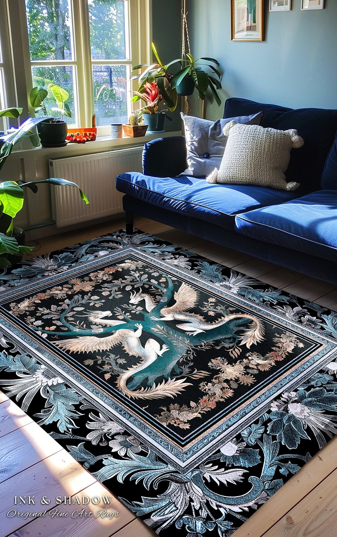 Medieval Rug Blue Indigo Dusty Blue Medieval Dragon Lovers Rug Mystic Fairycore Boho Art ...