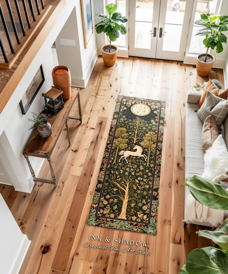 Magic Aesthetic Unicorn Runner Rug Cottagecore Style, Dark Academia Folklore Decor Gothic Maximalist Fantasy Art Enchanted Fairytale Accent Bild 4