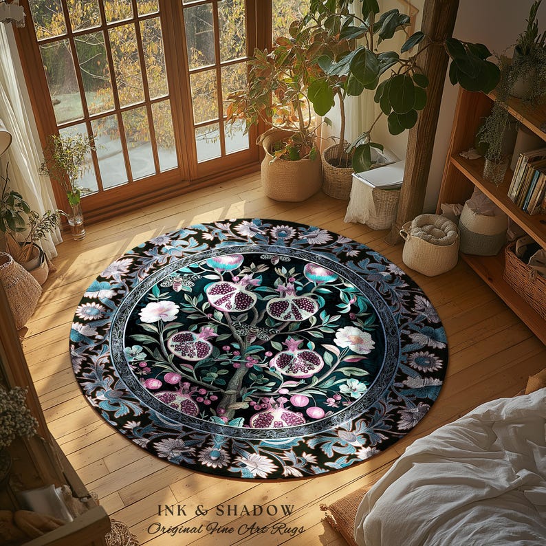Enchanted Floral Pomegranate Rug Whimsigothic Botanical Witch Cottagecore Decor, Witchy Dark Academia Indigo Blue Forestcore Art Nouveau Rug imagem 20