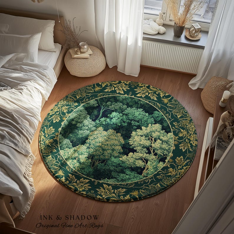 Lush Botanical Green Round Area Rug | Forest Theme Woodsy Aesthetic ...