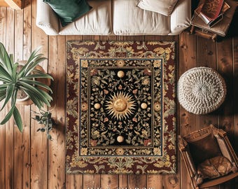 Dark Skies Celestial Area Rug  | Enchanted Celestial Witchy Astrology Boho Maximalist Decor Sun and Moon Tarot Inspired Gothic Home Accent