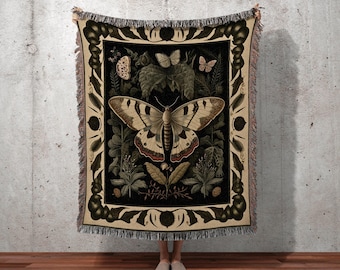 Vintage Cottagecore Moth Blanket | Witchy Aesthetic Room Decor Gothic Art Crowcore Room Decor Dark Cottagecore Butterfly Moth Blanket Woven