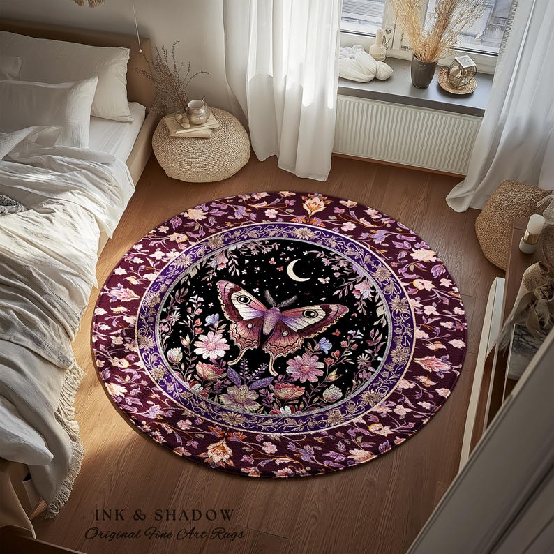 Purple Moth Celestial Rug Boho Fairycore Dark Floral Decor | Enchanted Fairy Cottagecore Butterfly Lovers Moth Moon Rug Whimsical Goth Gift Bild 15