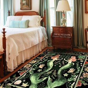 Enchanted Ocean Mermaid Floral Sea Life Rug | Vintage Emerald Green Whimsical Coastal Cottagecore Art Nouveau Underwater Fantasy Ocean Decor 画像 13